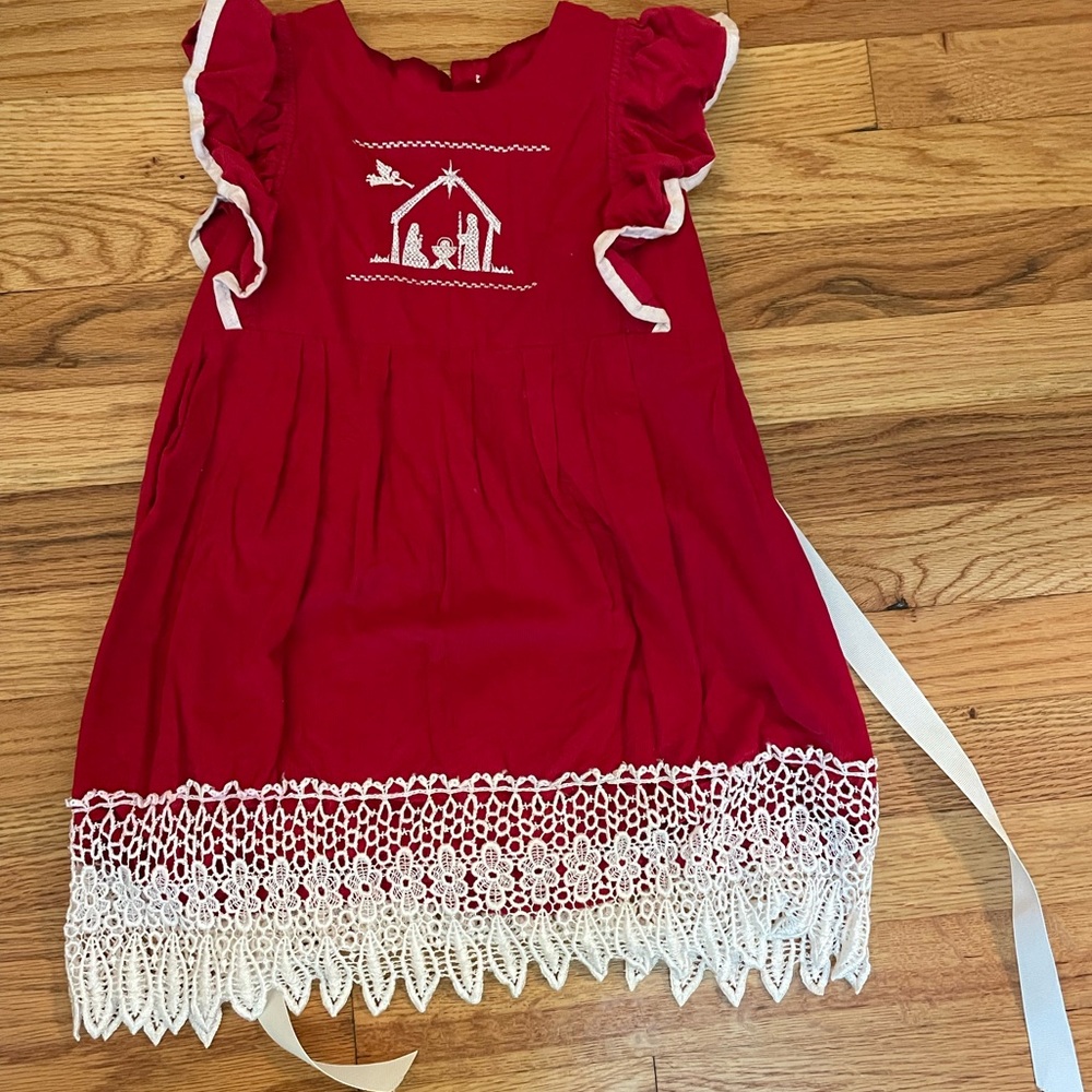 Nativity scene red corduroy dress